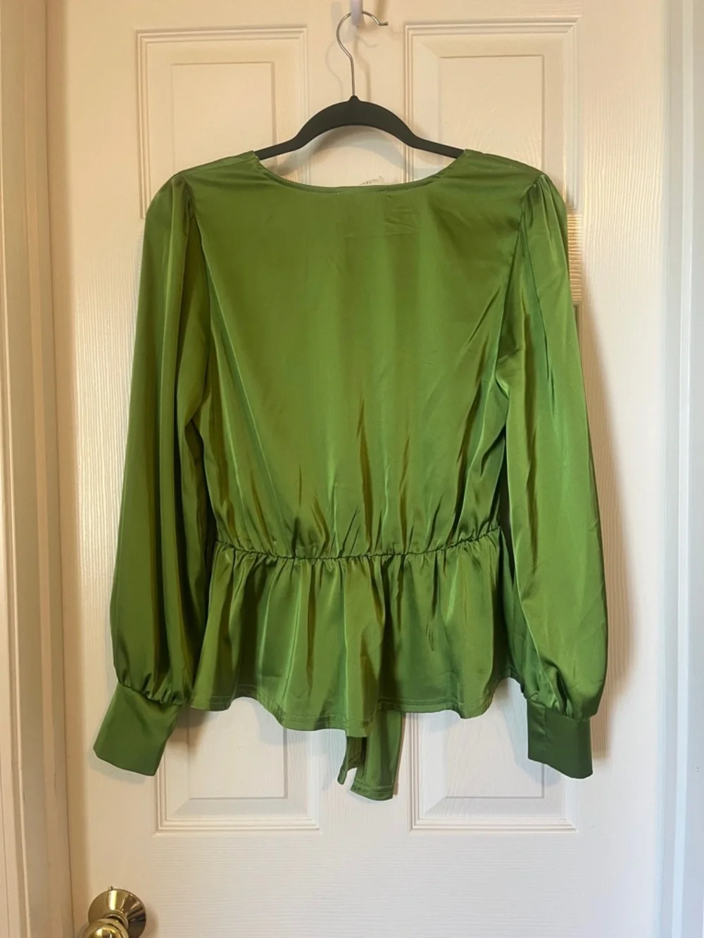 Green Satin Tie-Waist Blouse with Long Puff Sleeves - Picture 3 of 3